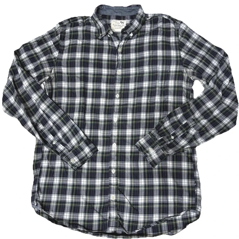 J Crew‎ Shirt Brushed Cotton Navy Blue Plaid Check Preppy Cabincore Mens Large